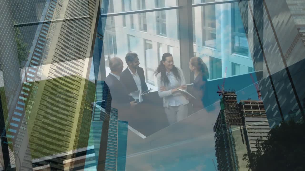 Animation of escalators over business people talking in modern office