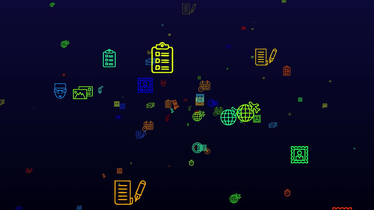 World Post Day. neon icons background. seamless pattern. loop animation. small, multicolored icons, illustrations or logos appear, fly slowly on black backdrop