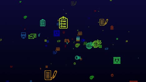 después del día mundial. iconos de neón de fondo. patrón sin costuras. animación de bucle. pequeños iconos multicolores, ilustraciones o logotipos aparecen, vuelan lentamente sobre un fondo negro