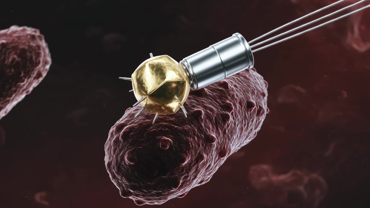 Microbot con testa dorata guidato da un cavo che si avvicina, allineando le punte e toccando una cellula a bastoncello nel plasma, attaccandosi.