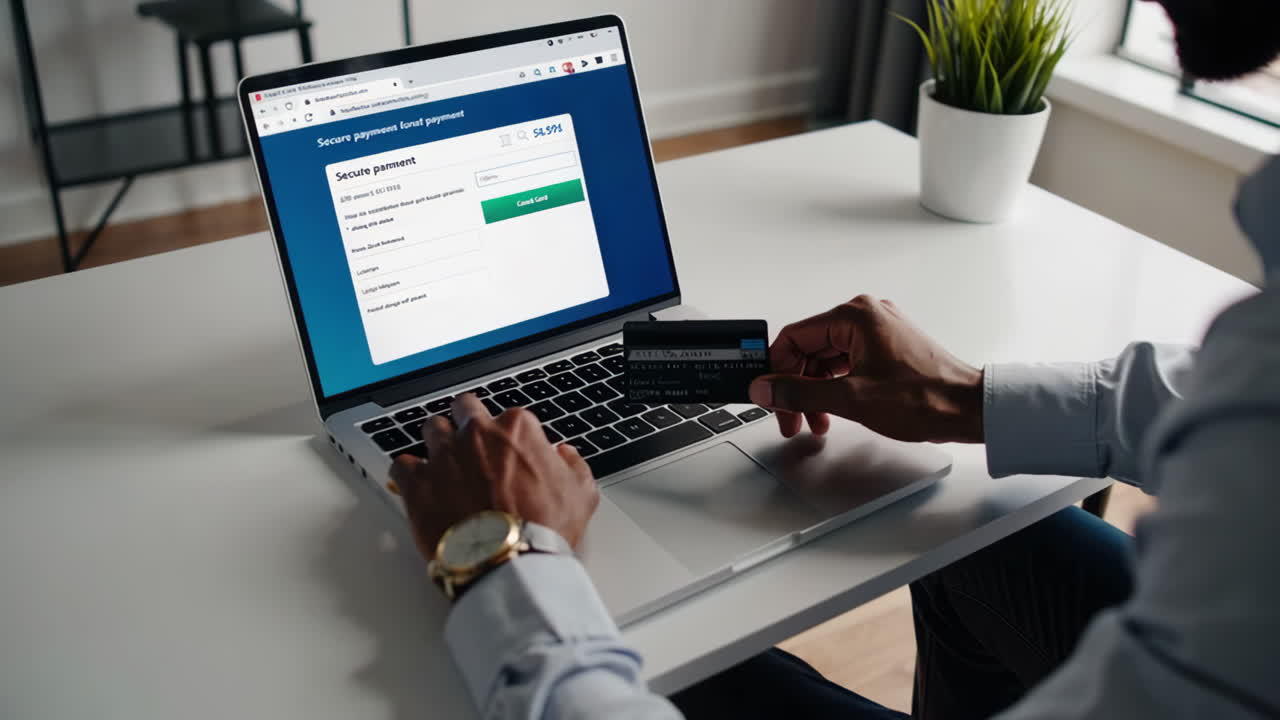 Person making a secure online payment using a credit card on a laptop