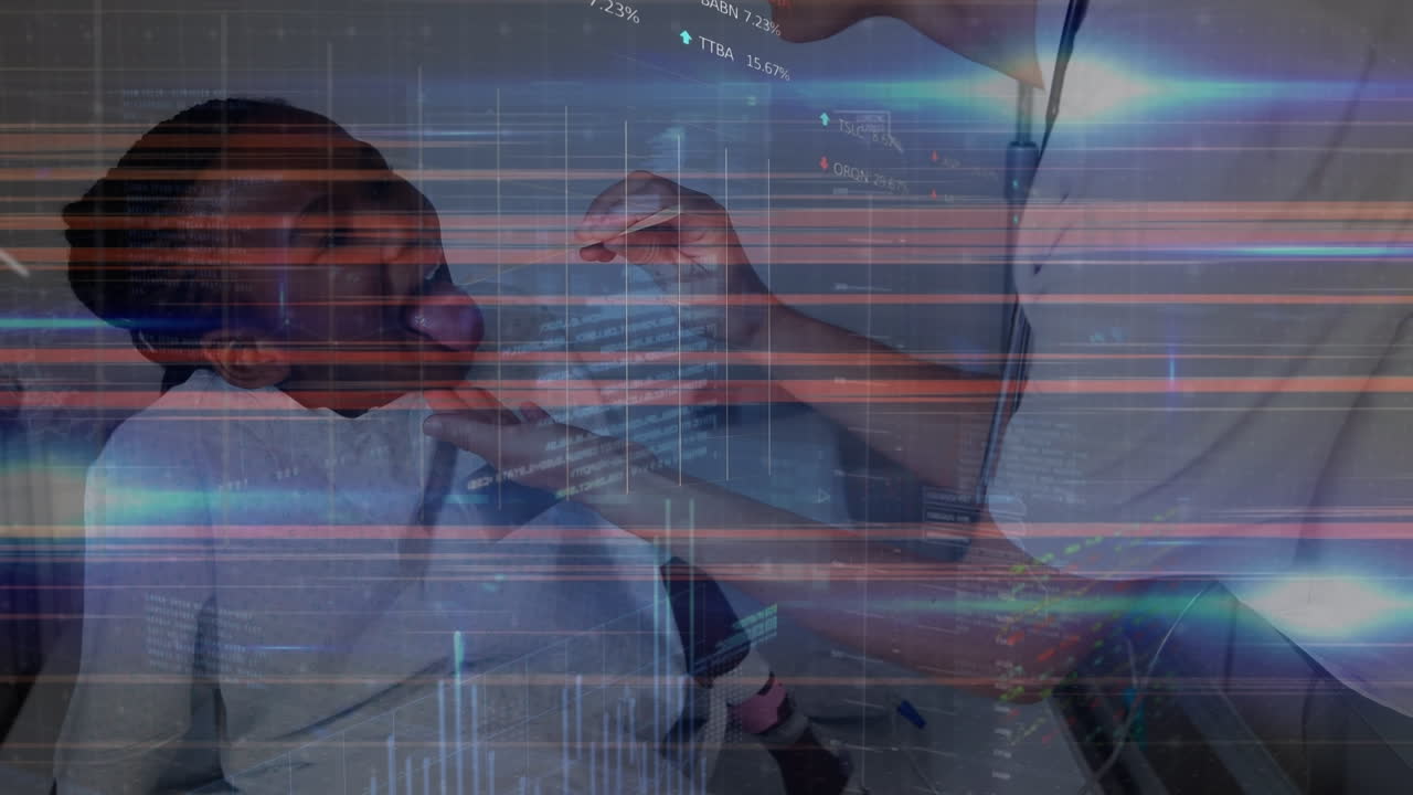 디지털 화면의 애니메이션 백인 여성 의사 검사 소녀