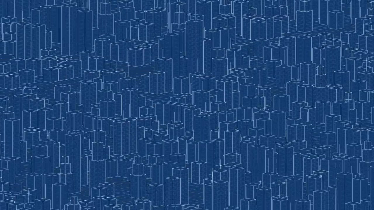 isometric wireframe city on a blue background, rotating loopable blueprint animation, modern urban planning and architectural design concepts