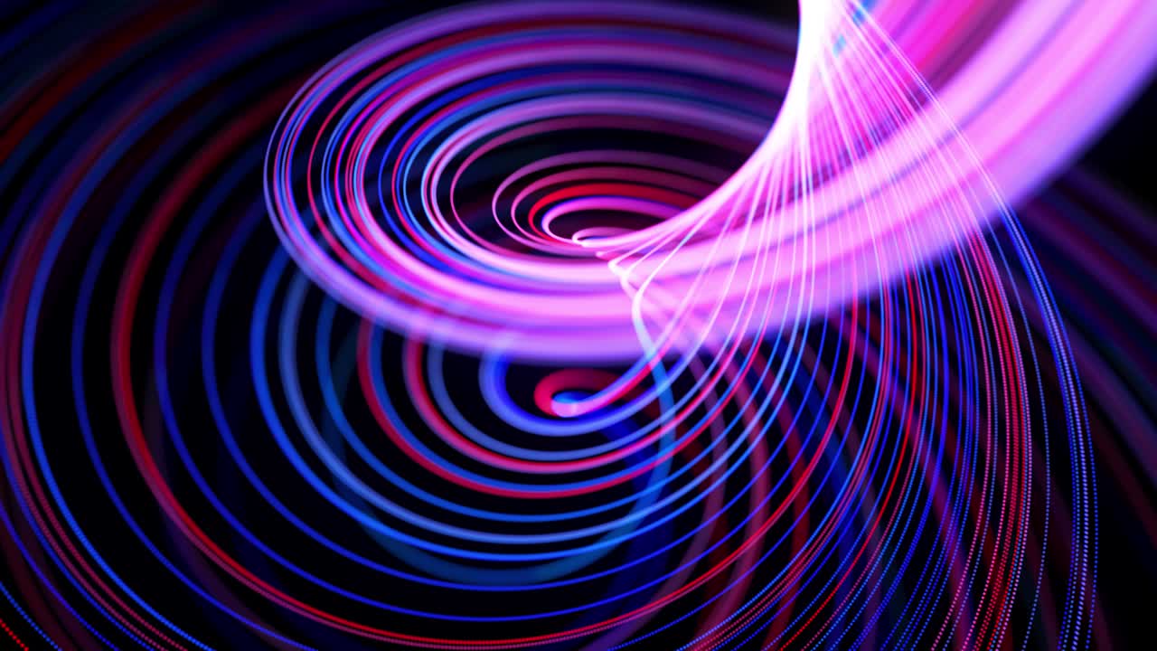 Light flow bg in 4k. Abstract looped background with light trails, stream of red blue neon lines in space move to form looped spiral shapes. Modern trendy motion design background. Light effect,