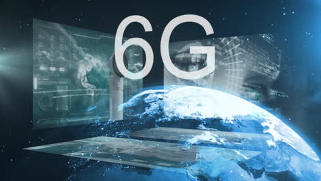 6g technology animation over digital screens and earth from space