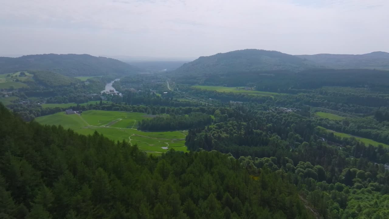 Dunkeld on River Tay in Scotland, aerial view over picturesque town