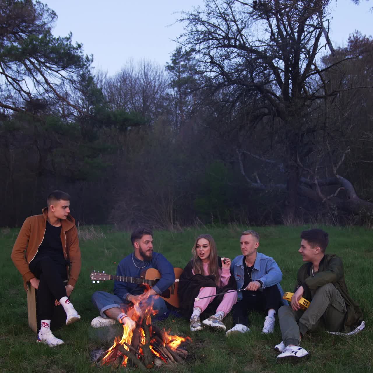 Nature friends sitting around the bonfire. Campfire group of friends playing guitar and singing