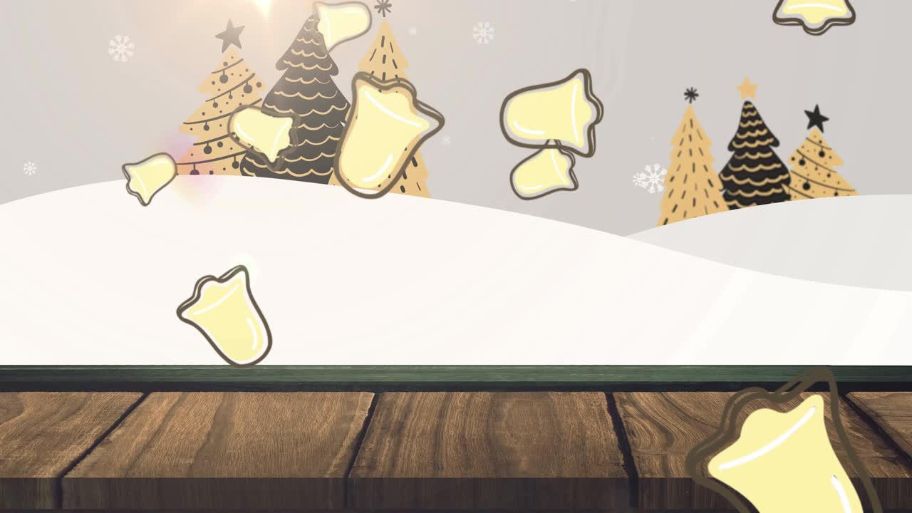 크리스마스 트리와 겨울 풍경 위에 떨어지는 눈과 종의 애니메이션