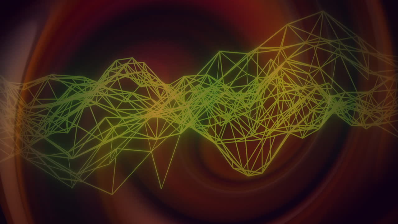Green-yellow wireframe mesh undulating into peaks across dark red orange gradient 3D-render