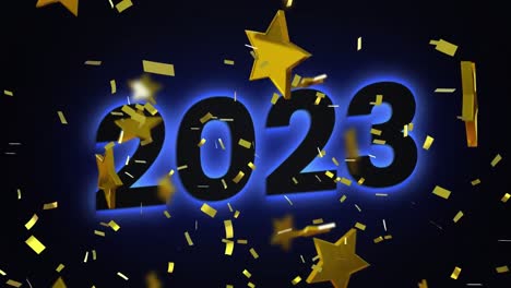 Animation-Des-Textes-2023-über-Goldenen-Sternen,-Die-Auf-Blauen-Hintergrund-Fallen