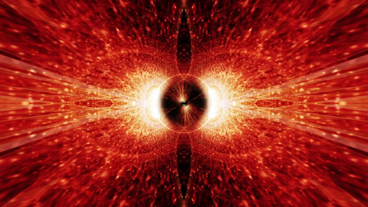 Loop VJ con grafica in movimento a bagliore dorato e rosso. Sfondo in movimento con design a raggi digitali frattali su sfondo nero. Luce astratta per palco da concerto. Grafica in movimento in rendering 3D 4K in loop continuo