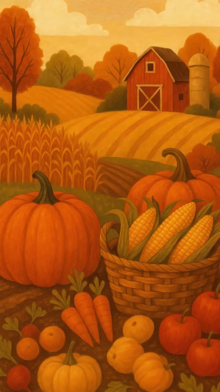 Warm, vintage-style video still of a farm scene with pumpkins and corn in the foreground