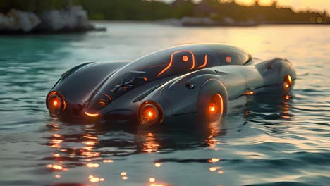 futuristic amphibious car on water at sunset