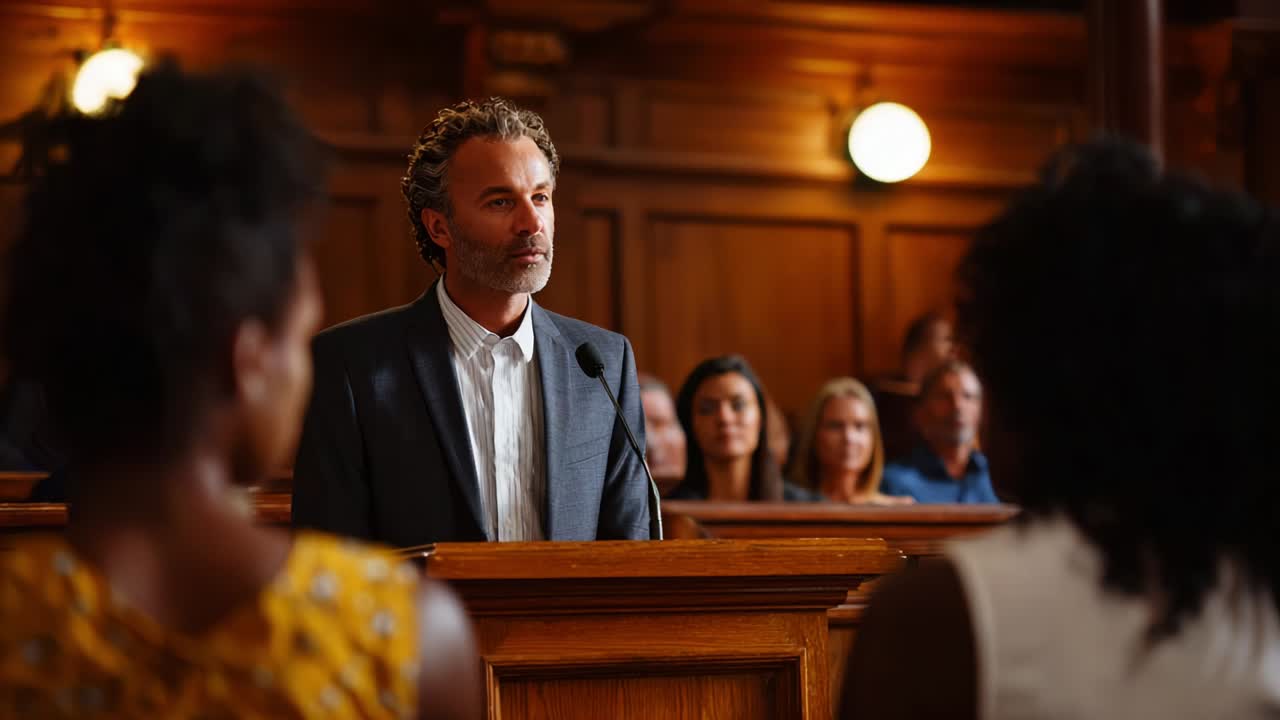 An Engaging Courtroom Scene Depicting a Testimony, Capturing the Focused Attention of the Attendees as a Witness Stands Confidently at the Stand Engaging with the Jury and Judge