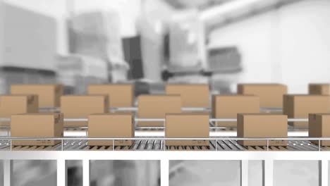 Animation-of-cardboard-boxes-on-conveyor-belts-over-warehouse