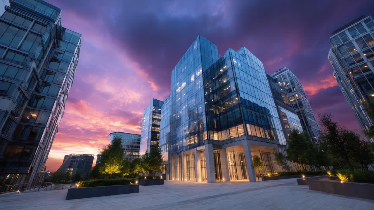 Arquitetura moderna em vidro com um pôr do sol e céu noturno deslumbrantes, edifícios iluminados com vegetação exuberante em uma paisagem urbana ao entardecer