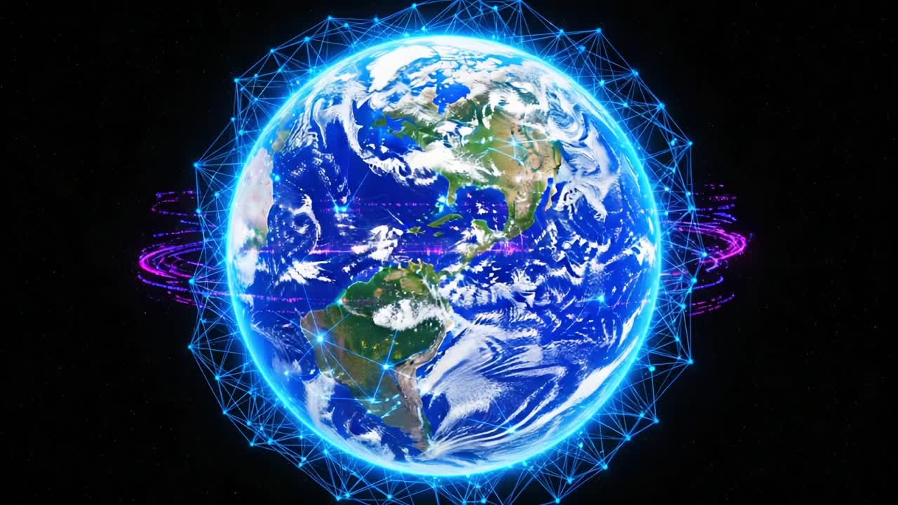 A Beautiful Representation of Earth Surrounded by a Technological Network of Data, Illustrating the Intersection of Nature and Digital Advancement