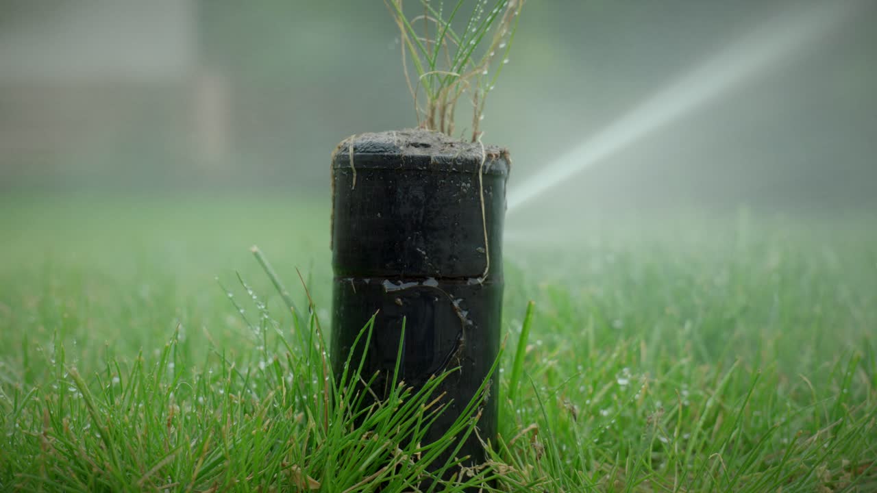 Irrigatore da giardino che nebulizza un prato verde e fresco mentre l'acqua viene spruzzata verso l'alto attraverso l'erba in un giardino estivo, angolo basso statico