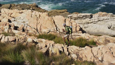 african american man hiking with hiking poles in countryside by the coast