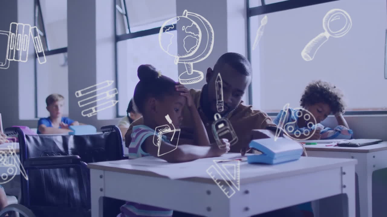 Animation of school items icons over happy diverse male teacher helping students in classroom