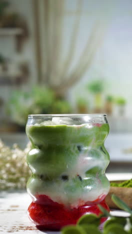 vibrant stopmotion of a strawberry matcha latte forming itself layer by layer, strawberry, milk, and matcha rise in a curvy glass, ideal for aesthetic social media and viral food and drink videos.