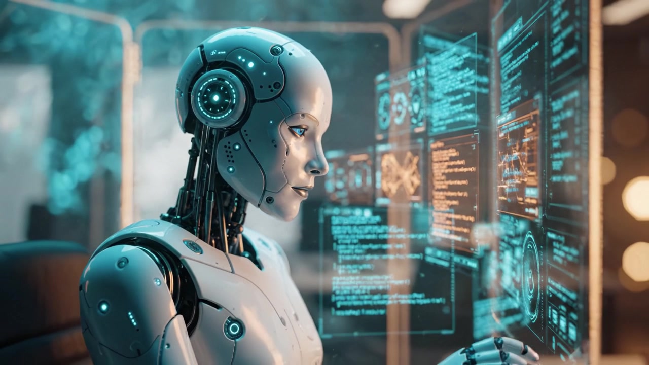 A futuristic robotic humanoid engaging with advanced interfaces, showcasing remarkable artificial intelligence, intricate data analysis, and communication capabilities.