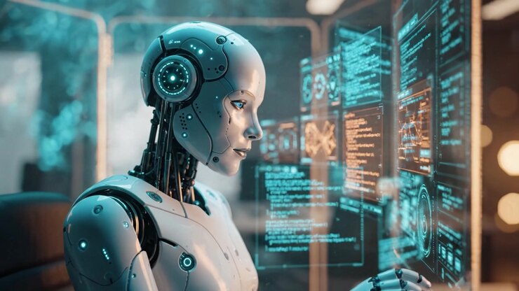A futuristic robotic humanoid engaging with advanced interfaces, showcasing remarkable artificial intelligence, intricate data analysis, and communication capabilities.