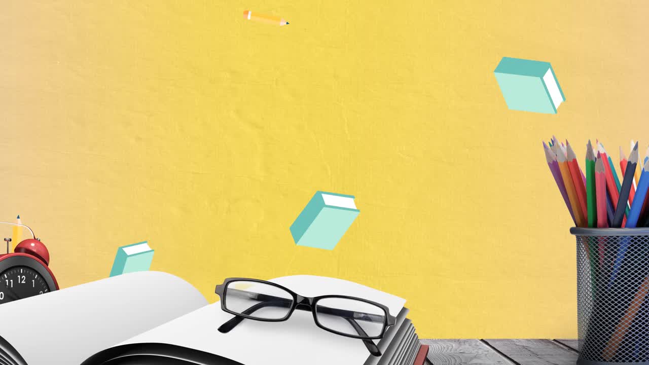 animación de libros, gafas y artículos de oficina sobre superficie de madera sobre fondo amarillo