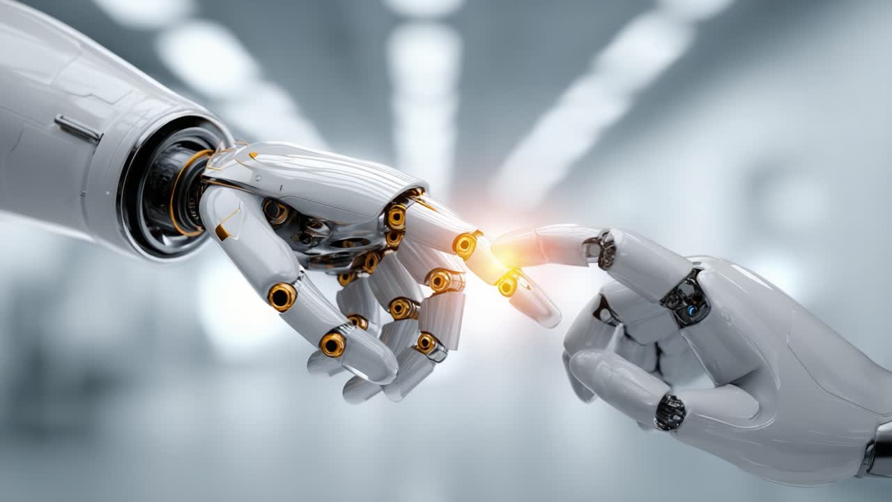 A Captivating Encounter: The Moment of Connection Between Human Hands and Advanced Robotic Technology in a Futuristic Setting