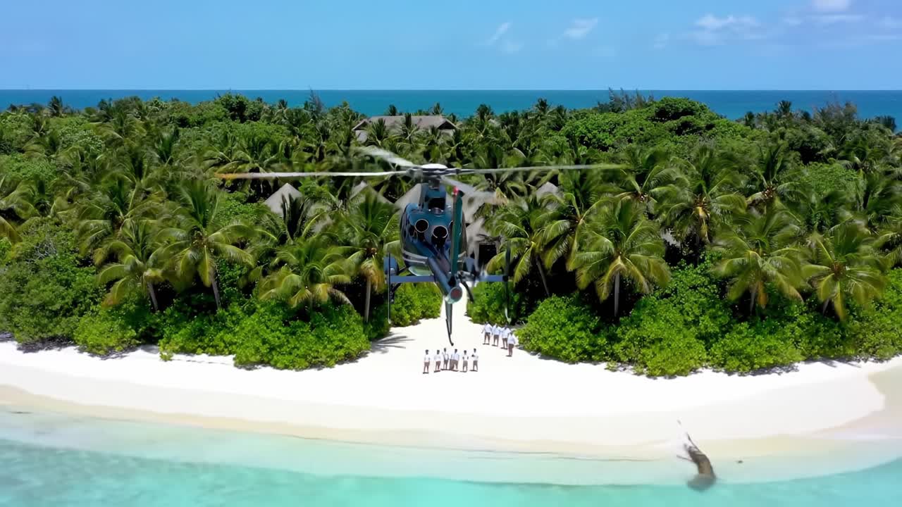 A Scenic Helicopter Landing at a Tropical Paradise: An Aerial View of Luxurious Resort Amidst Lush Palm Trees and Crystal-Clear Waters