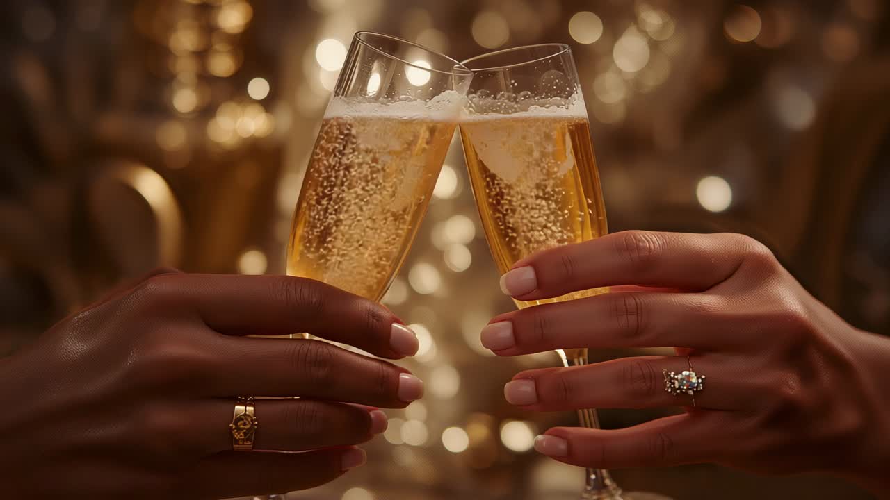 Hands entering frame holding champagne flutes, clinking at reception celebrating special occasion
