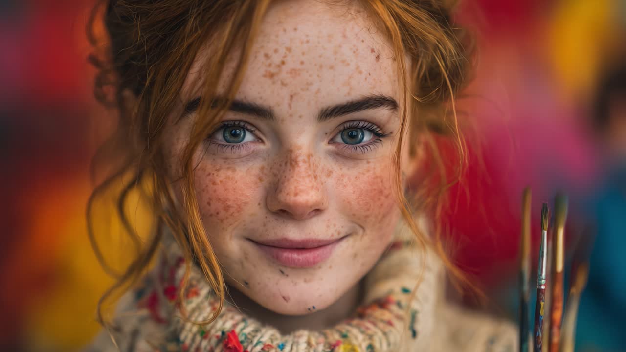 Young Artist with Freckles Holding Paintbrushes, Capturing the Essence of Creativity and Passion in a Vibrant Artistic Environment Filled with Colorful Backgrounds
