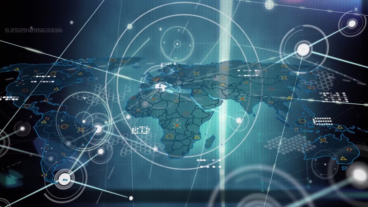 세계 지도 위의 연결 네트워크의 애니메이션과 검은색 배경에 대한 밝은 점