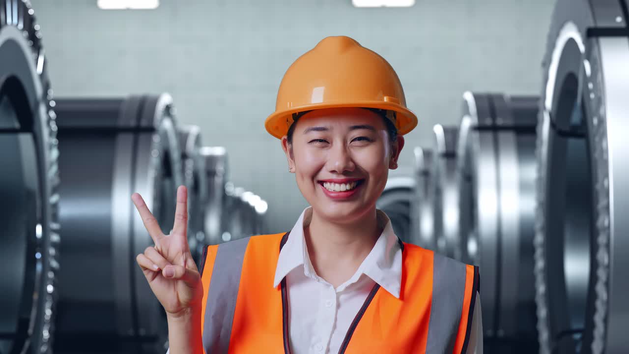 안전 헬을 입은 아시아 여성 엔지니어가 미소 짓고 금속 공장에서 서서 평화의 몸짓을 보여줍니다.