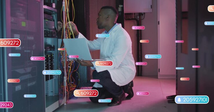 African American IT Technician Working on Server Racks with Laptop