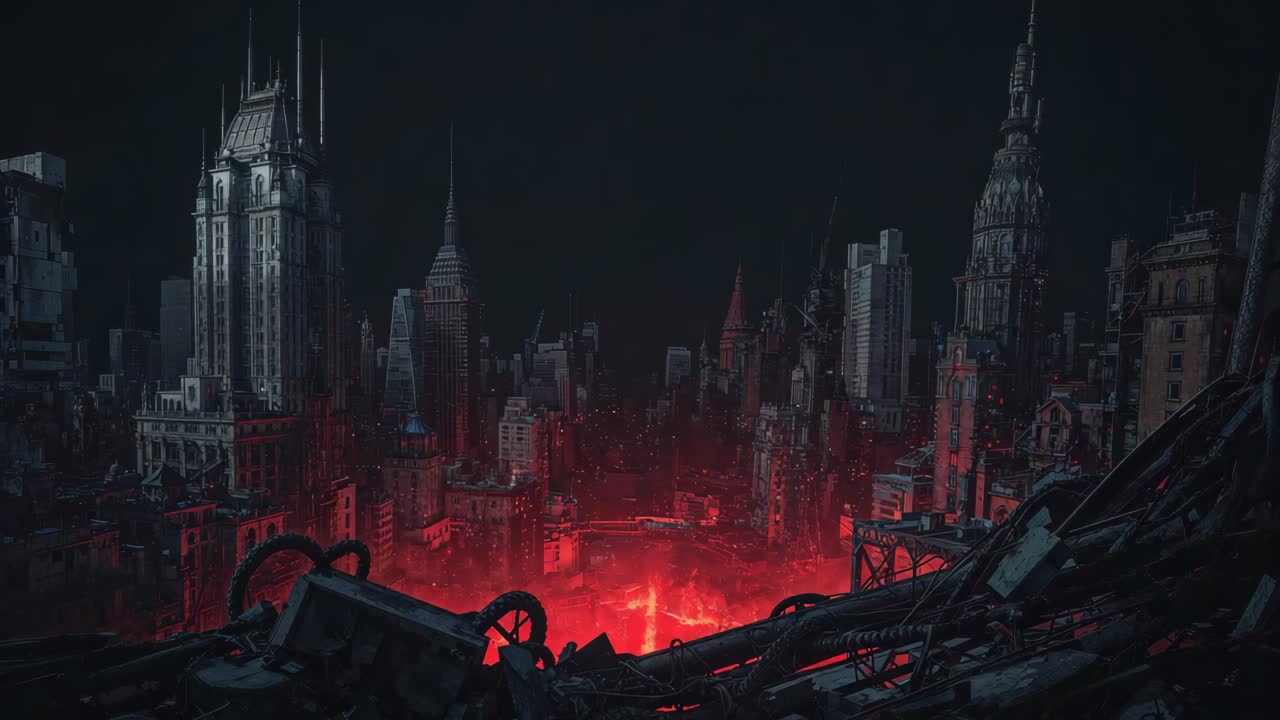 Post-Apocalyptic Cityscape with Red Glow