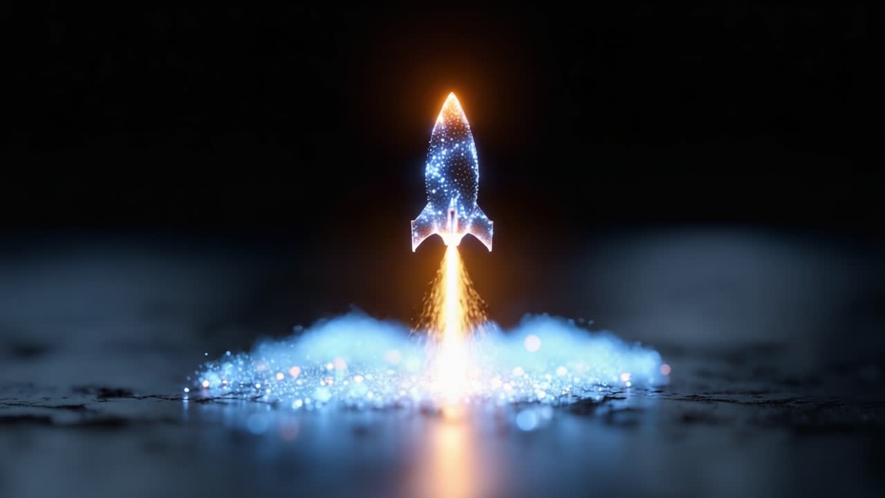 A Stunning Launch Sequence of a Futuristic Rocket, Illuminated by Cosmic Light, Taking Flight Amidst a Cascade of Sparkling Particles and Vibrant Energy Effects