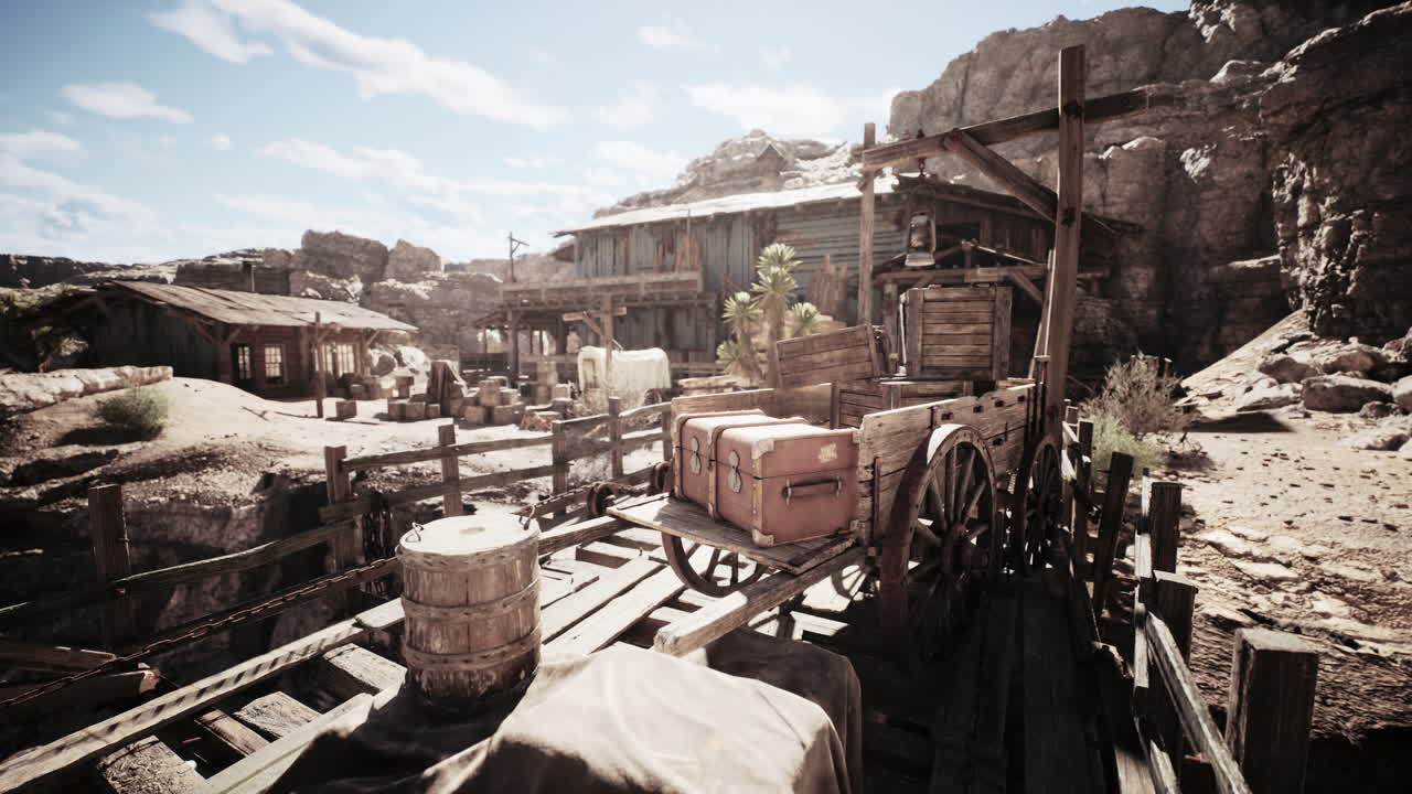 Rustic western town with wooden structures and vintage transport in daylight
