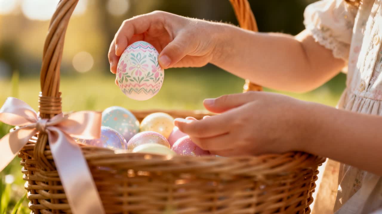 Spotting patterned egg, child picking up, turning and viewing, lowering on grass, lace, basket bow