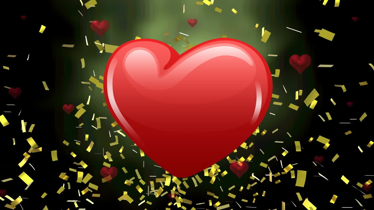 animación de corazones flotando sobre el confeti sobre fondo negro