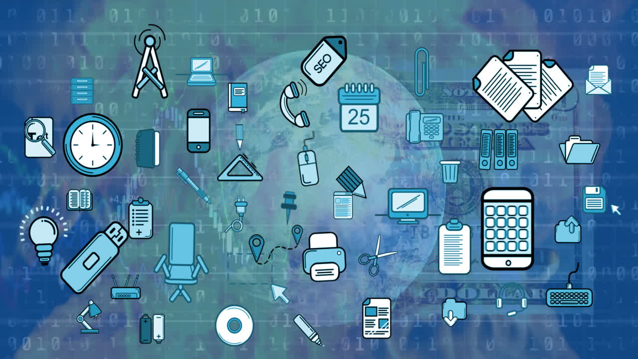 아이콘과 달러 지폐의 애니메이션 데이터 처리 및 파란색 배경에 지구