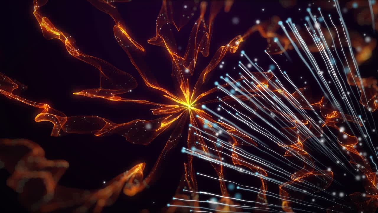 Animation of explosion of white light trails over orange smoke trails on black background