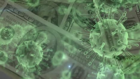 Animation-of-macro-Covid-19-cells-and-American-dollar-bills-floating.-