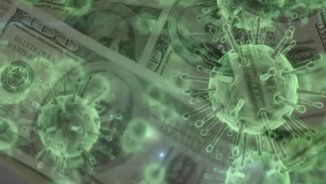 animación de células macro de covid-19 y billetes de dólares estadounidenses flotantes.