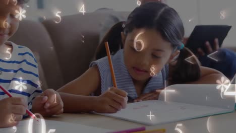 escolares haciendo tareas mientras los números y los símbolos se mueven