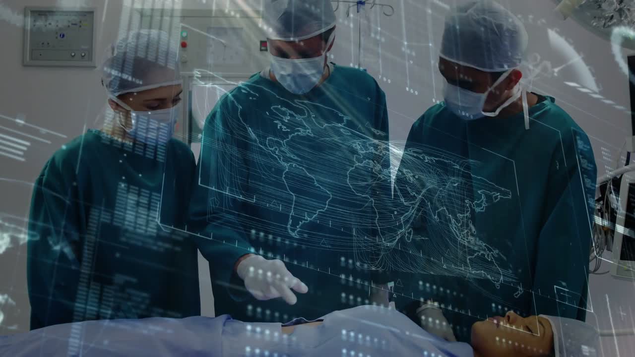 Ledende kirurg peger og vælger værktøj, der igangsætter operation, mens et verdenskort-overlay guider operationsholdet