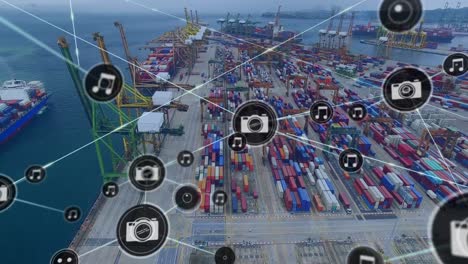 animation of network of connections with icons over shipping yard