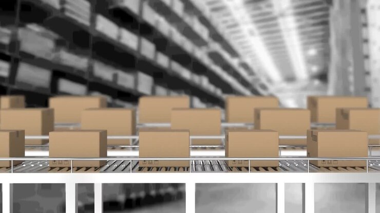 Animation of cardboard boxes moving on conveyor belts in warehouse