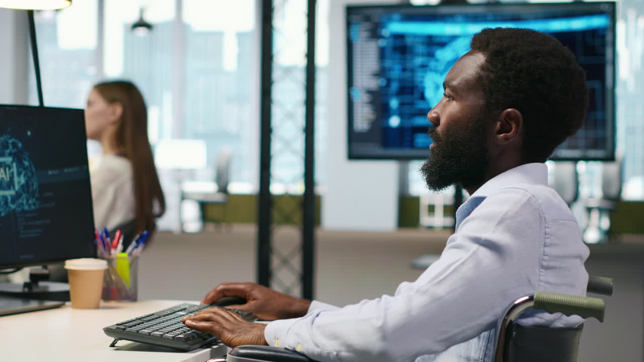 Computer Scientist With Paraplegia In Office Automating Repetitive Tasks With Ai