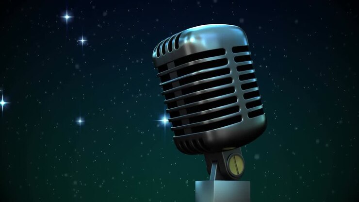 Animazione di stelle che cadono su un microfono su sfondo scuro.